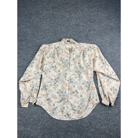 Stuart Lang Long Sleeve Blouse Women's 9/10 Cream Multi Floral Button Pleated - Picture 1 of 6